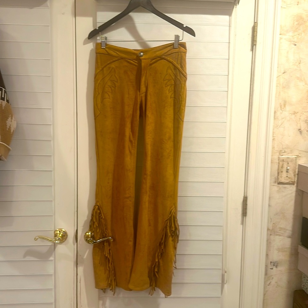 Double D Ranch Mustard Suede Fringe Wide-Leg Pants